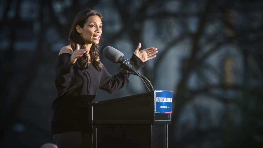 Rosario Dawson speaks onstage at a campaign event for Democratic presidential candidate Senator Bernie Sanders (D-VT) at Saint Mary's Park on March 31, 2016 in New York City. (Photo by Joe Russo/Sipa)