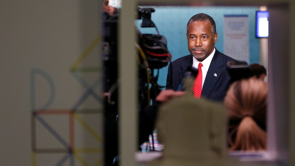 Republican presidential candidate Ben Carson prepares for a television interview in the press area before the CNN Republican presidential debate at the Venetian Hotel & Casino on Dec. 15, 2015, in Las Vegas, Nev. (Photo by John Locher/AP)