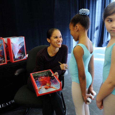 Misty Copeland unveils her new Barbie doll for Project Plie dancers at the American Ballet Theatre in New York City. (Photo by Diane Bondareff/PRNewsFoto/Mattel)