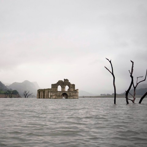 The remains of a mid-16th century church known as the Temple of Santiago, visible from the surface of the Grijalva River due to the lack of rain near the town of Nueva Quechula, in Chiapas state, Mexico, Oct. 16, 2015. (Photo by David von Blohn/AP)