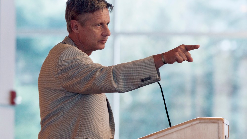 Gary Johnson addresses an audience of students and the public at Macalester College, Sept. 21, 2012 in St. Paul, Minn. (Photo by Jim Mone/AP)