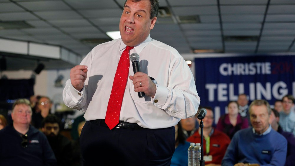 Republican presidential candidate, N.J. Gov. Chris Christie speaks during a town hall campaign stop at the American Legion on Feb. 2, 2016, in Epping, N.H. (Photo by Jim Cole/AP)