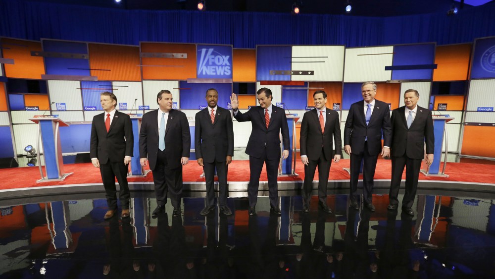 Presidential candidates Rand Paul, Chris Christie, Ted Cruz, Marco Rubio, Jeb Bush and John Kasich appear before a Republican presidential primary debate on Jan. 28, 2016, in Des Moines, Iowa. (Photo by Chris Carlson/AP)