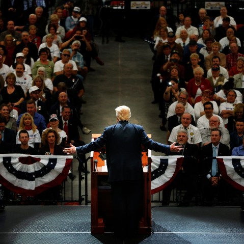 Republican presidential candidate Donald Trump speaks at a campaign rally, Feb. 22, 2016, in Las Vegas. (Photo by John Locher/AP)