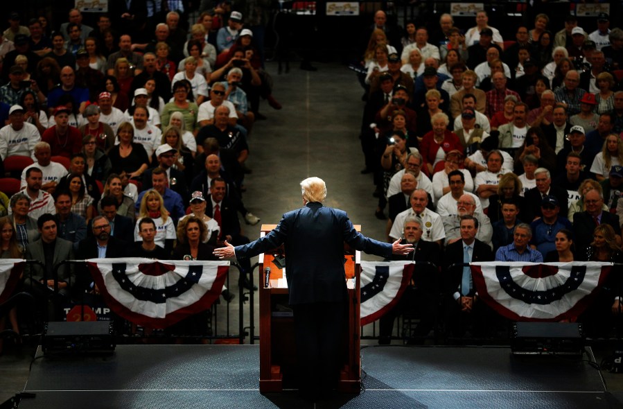Republican presidential candidate Donald Trump speaks at a campaign rally, Feb. 22, 2016, in Las Vegas. (Photo by John Locher/AP)