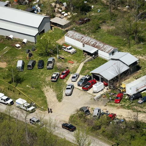 This aerial photo shows one of the locations being investigated in Pike County, Ohio, as part of an ongoing homicide investigation, April 22, 2016. (Photo by Lisa Marie Miller/The Columbus Dispatch/AP)
