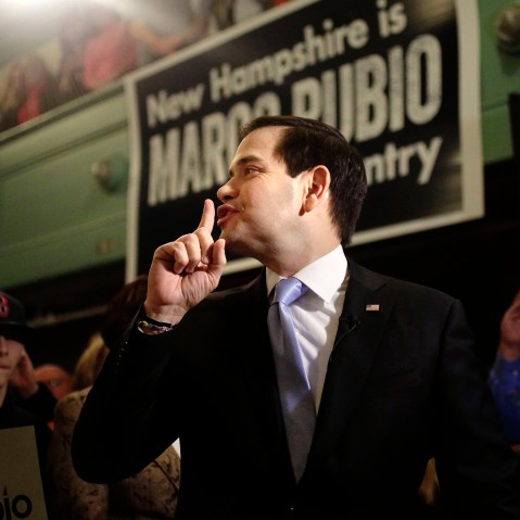 Republican presidential candidate, Sen. Marco Rubio, R-Fla., gestures toward the audience before a television interview before a campaign event, Feb. 2, 2016, at the town hall, in Exeter, N.H. (Photo by Steven Senne/AP)