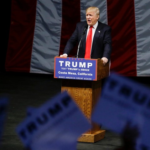 Republican presidential candidate Donald Trump speaks during a rally on April 28, 2016 in Costa Mesa, Calif. (Photo by Chris Carlson/AP)