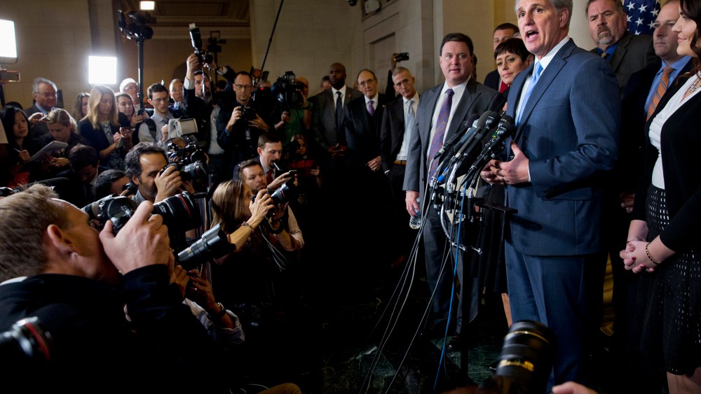 Majority Leader Kevin McCarthy of Calif. answers a question during a news conference on Capitol Hill in Washington, Oct. 8, 2015, after stepping down as a nominee for House Speaker to replace John Boehner. (Photo by Jacquelyn Martin/AP)