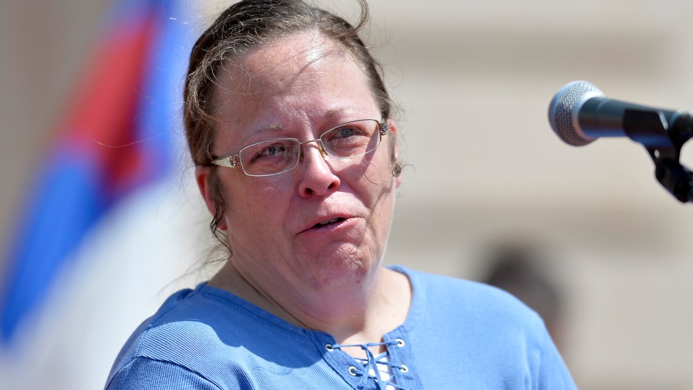 Rowan County Kentucky Clerk Kim Davis, who has been sued by the ACLU for denying marriage licenses to gay couples, speaks at a rally in Frankfort Ky., Saturday, Aug. 22, 2015. (Photo by Timothy D. Easley/AP)