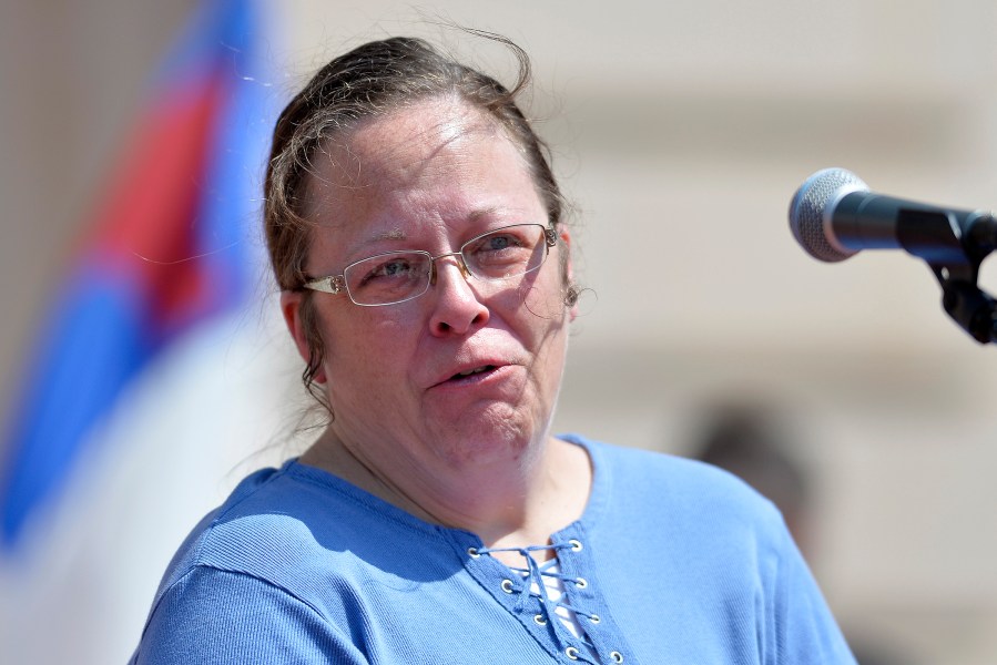 Rowan County Kentucky Clerk Kim Davis, who has been sued by the ACLU for denying marriage licenses to gay couples, speaks at a rally in Frankfort Ky., Saturday, Aug. 22, 2015. (Photo by Timothy D. Easley/AP)
