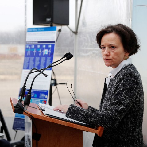 Dr. Susan Hedman, U.S. EPA region 5 Administrator, speaks at SC Johnson's Waxdale manufacturing, the company's largest global manufacturing facility, Dec. 18, 2012, in Mt. Pleasant, Wis. (Photo by Jeffrey Phelps/SC Johnson/AP)