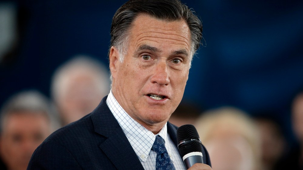 Former Republican presidential candidate Mitt Romney speaks during Republican presidential candidate, Ohio Gov. John Kasich campaign stop on March 14, 2016, at the MAPS Air Museum in North Canton, Ohio. (Photo by Matt Rourke/AP)