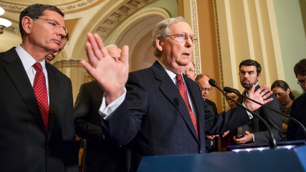 Without mentioning Donald Trump by name, Senate Majority Leader Mitch McConnell, R-Ky., denounced Trump's recent remarks about restricting Muslim travel during a news conference at the Capitol in Washington, Dec. 8, 2015. (Photo by J. Scott Applewhite/AP)