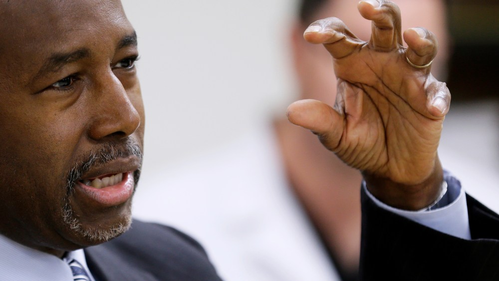 Republican presidential candidate Dr. Ben Carson speaks during a news conference, Oct. 2, 2015, in Ankeny, Iowa. (Photo by Charlie Neibergall/AP)