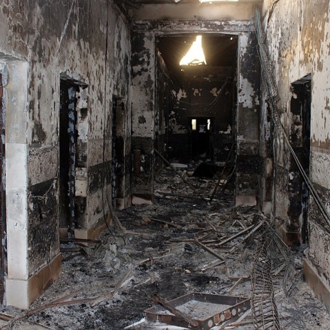 In this Friday, Oct. 16, 2015 photo, the charred remains of the Doctors Without Borders hospital is seen after being hit by a U.S. airstrike in Kunduz, Afghanistan. (Photo by Najim Rahim/AP)