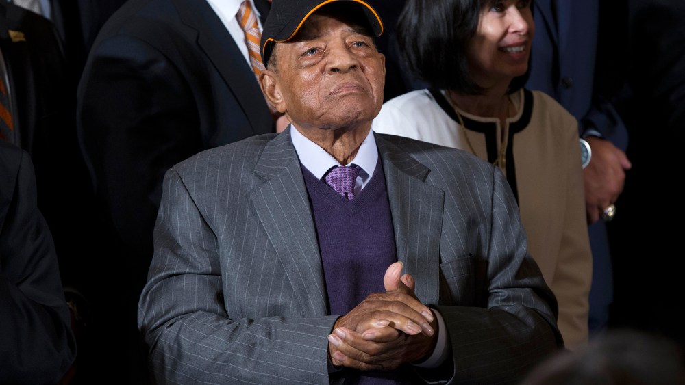 San Francisco Giants Hall of Fame baseball player Willie Mays listens to President Barack Obama in the East Room of the White House in Washington, June 4, 2015. (Photo by Evan Vucci/AP)