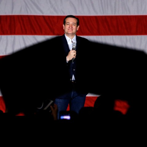 Republican presidential candidate, Sen. Ted Cruz, R-Texas, looks to supporters as he speaks at a campaign stop at Waukesha County Exposition Center, April 4, 2016, in Waukesha, Wis. (Photo by Nam Y. Huh/AP)