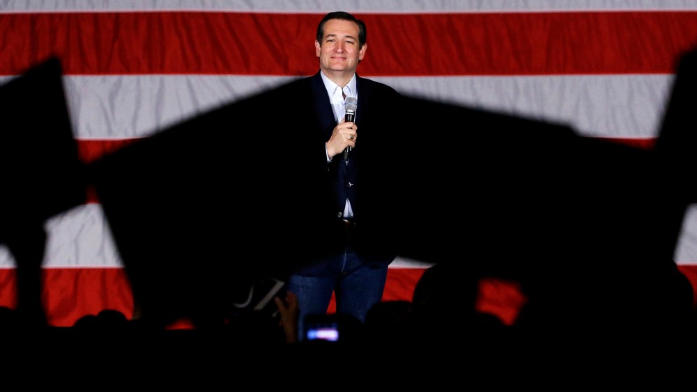 Republican presidential candidate, Sen. Ted Cruz, R-Texas, looks to supporters as he speaks at a campaign stop at Waukesha County Exposition Center, April 4, 2016, in Waukesha, Wis. (Photo by Nam Y. Huh/AP)