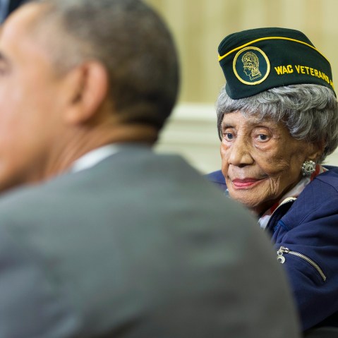 President Barack Obama meets with Emma Didlake, 110, of Detroit, the oldest known World War II veteran on July 17, 2015, in the Oval Office of the White House. (Photo by Evan Vucci/AP)