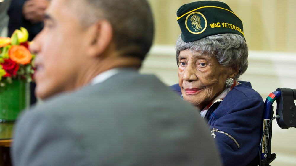 President Barack Obama meets with Emma Didlake, 110, of Detroit, the oldest known World War II veteran on July 17, 2015, in the Oval Office of the White House. (Photo by Evan Vucci/AP)