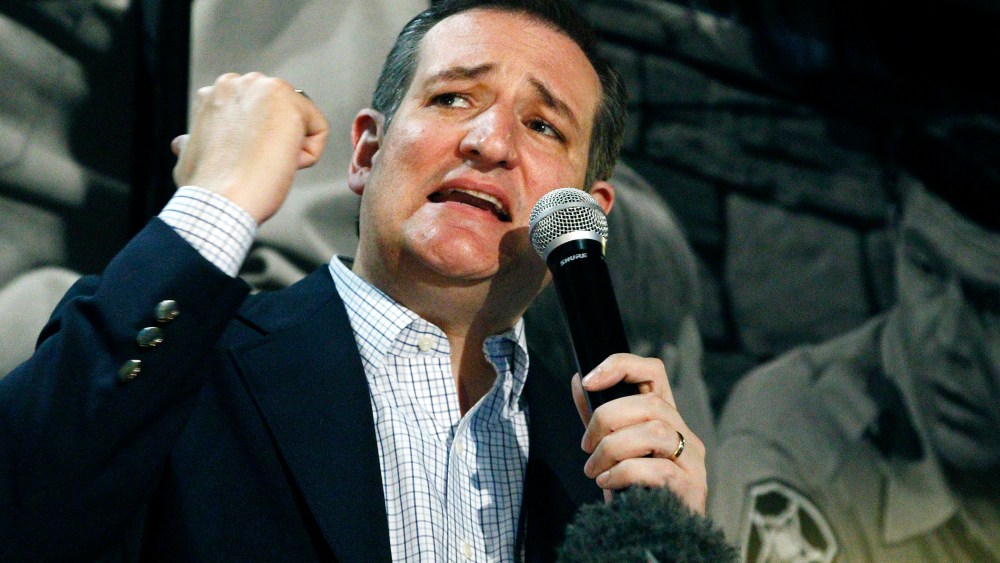 Republican presidential candidate Sen. Ted Cruz, R-Texas, calls upon his supporters get out the vote during Mississippi's primary Tuesday, during a campaign stop in Florence, Miss., March 7, 2016. (Photo by Rogelio V. Solis/AP)