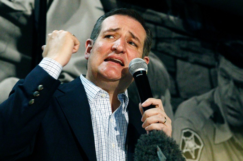 Republican presidential candidate Sen. Ted Cruz, R-Texas, calls upon his supporters get out the vote during Mississippi's primary Tuesday, during a campaign stop in Florence, Miss., March 7, 2016. (Photo by Rogelio V. Solis/AP)