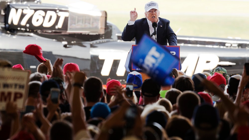 Republican presidential candidate Donald Trump speaks during a campaign rally in Hagerstown, Md., April 24, 2016. (Photo by Manuel Balce Ceneta/AP)