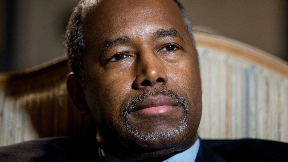 Republican presidential candidate Dr. Ben Carson pauses during an interview with The Associated Press in his home in Upperco, Md., Dec. 23, 2015. (Photo by Andrew Harnik/AP)