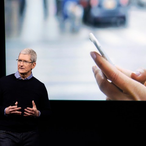 Apple CEO Tim Cook speaks at an event to announce new products at Apple headquarters, March 21, 2016, in Cupertino, Calif. (Photo by Marcio Jose Sanchez/AP)