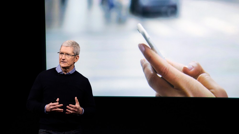 Apple CEO Tim Cook speaks at an event to announce new products at Apple headquarters, March 21, 2016, in Cupertino, Calif. (Photo by Marcio Jose Sanchez/AP)