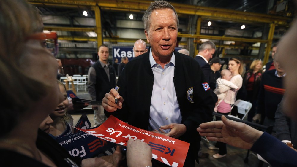 Republican presidential candidate, Ohio Gov. John Kasich works the crowd after a town hall meeting at the River Steel plant, March 28, 2016, in West Salem, Wis. (Photo by Charles Rex Arbogast/AP)