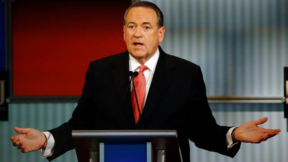 Mike Huckabee speaks during the Republican presidential debate at Milwaukee Theatre, Nov. 10, 2015, in Milwaukee, Wis. (Photo by Morry Gash/AP)