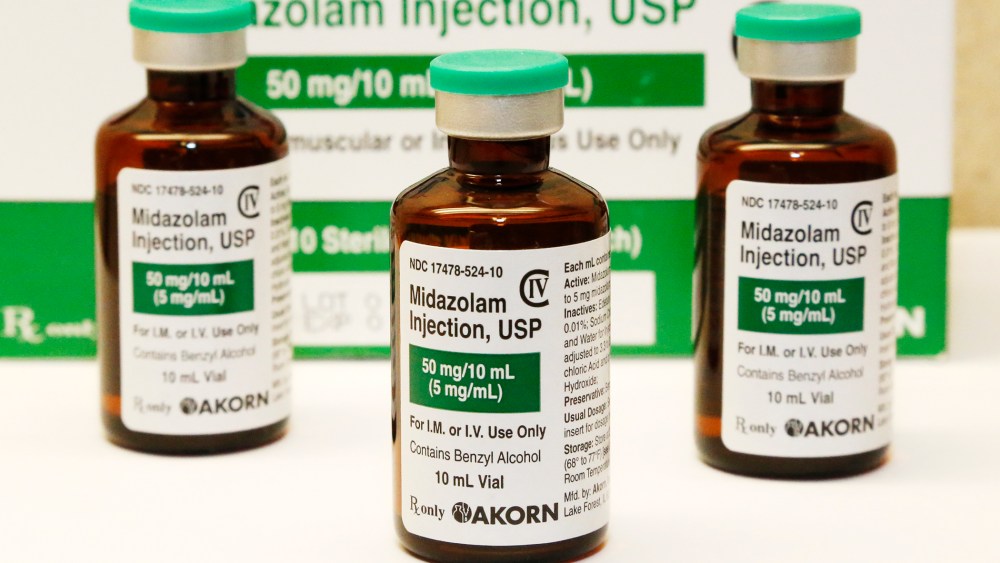 This July 25, 2014 photo shows bottles of the sedative midazolam at a hospital pharmacy in Oklahoma City. (AP)