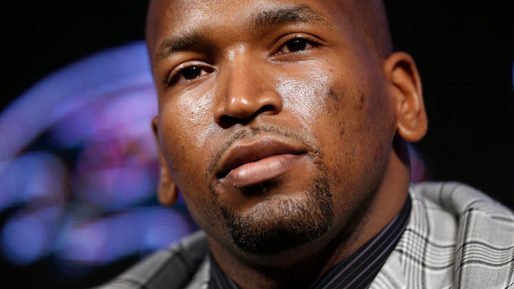Baltimore Ravens tackle Eugene Monroe discusses his new five-year contract during an NFL football news conference, March 12, 2014, at the team's practice facility in Owings Mills, Md. (Photo by Patrick Semansky/AP)