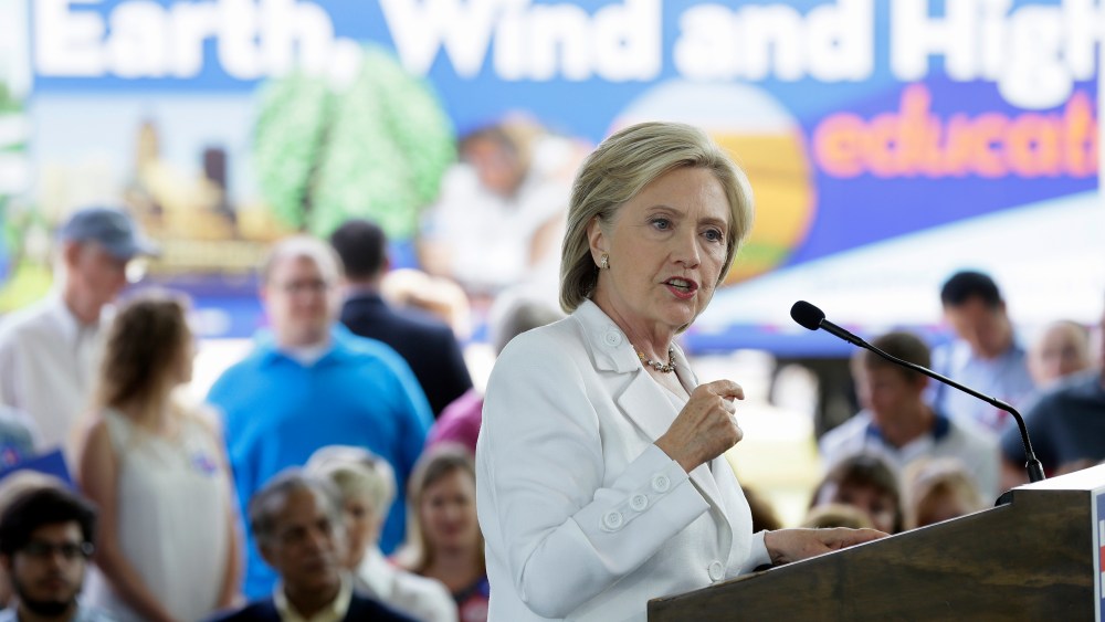 Democratic presidential candidate Hillary Rodham Clinton speaks about rural issues at the Des Moines Area Community College on Aug. 26, 2015, in Ankeny, Iowa. (Photo by Charlie Neibergall/AP)