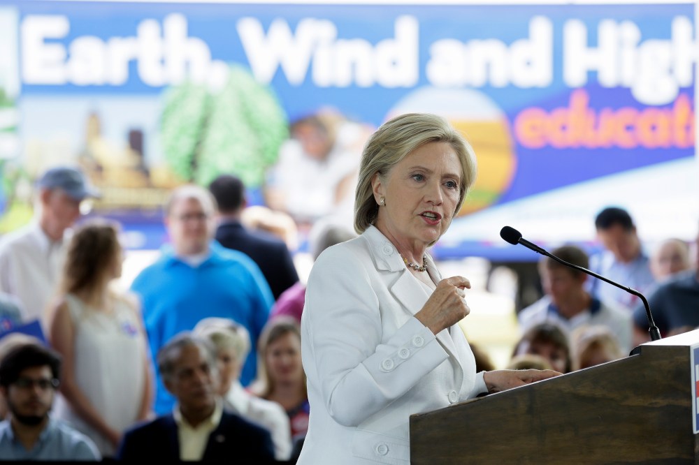 Democratic presidential candidate Hillary Rodham Clinton speaks about rural issues at the Des Moines Area Community College on Aug. 26, 2015, in Ankeny, Iowa. (Photo by Charlie Neibergall/AP)