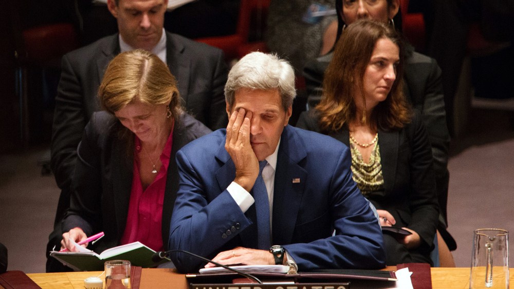 U.S. Secretary of State John Kerry considers his responses at the United Nations Security Council, Sept. 30, 2015, at the U.N. headquarters. (Photo by Kevin Hagen/AP)