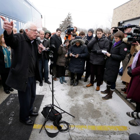Democratic presidential candidate, Sen. Bernie Sanders, I-Vt., speaks during a news conference after a stop at the United Steelworkers Local 310L union hall, Jan. 26, 2016, in Des Moines, Iowa. (Photo by Charlie Neibergall/AP)