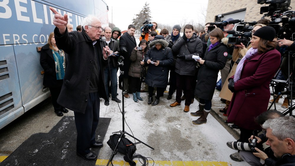 Democratic presidential candidate, Sen. Bernie Sanders, I-Vt., speaks during a news conference after a stop at the United Steelworkers Local 310L union hall, Jan. 26, 2016, in Des Moines, Iowa. (Photo by Charlie Neibergall/AP)
