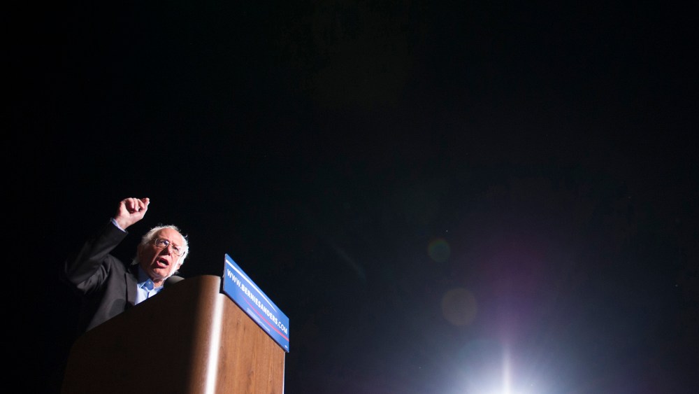 Democratic presidential candidate Sen. Bernie Sanders speaks to supporters during a campaign rally at Prince William Fairground in Manassas, Va., Sept. 14, 2015. (Photo by Cliff Owen/AP)