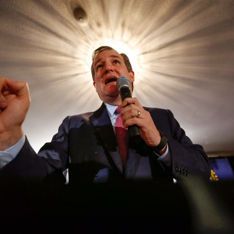 Republican presidential candidate, Sen. Ted Cruz, (R-Tex) speaks to supporters on primary election night, Feb. 9, 2016, in Hollis, N.H. (Photo by Robert F. Bukaty/AP)