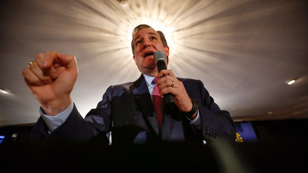 Republican presidential candidate, Sen. Ted Cruz, (R-Tex) speaks to supporters on primary election night, Feb. 9, 2016, in Hollis, N.H. (Photo by Robert F. Bukaty/AP)