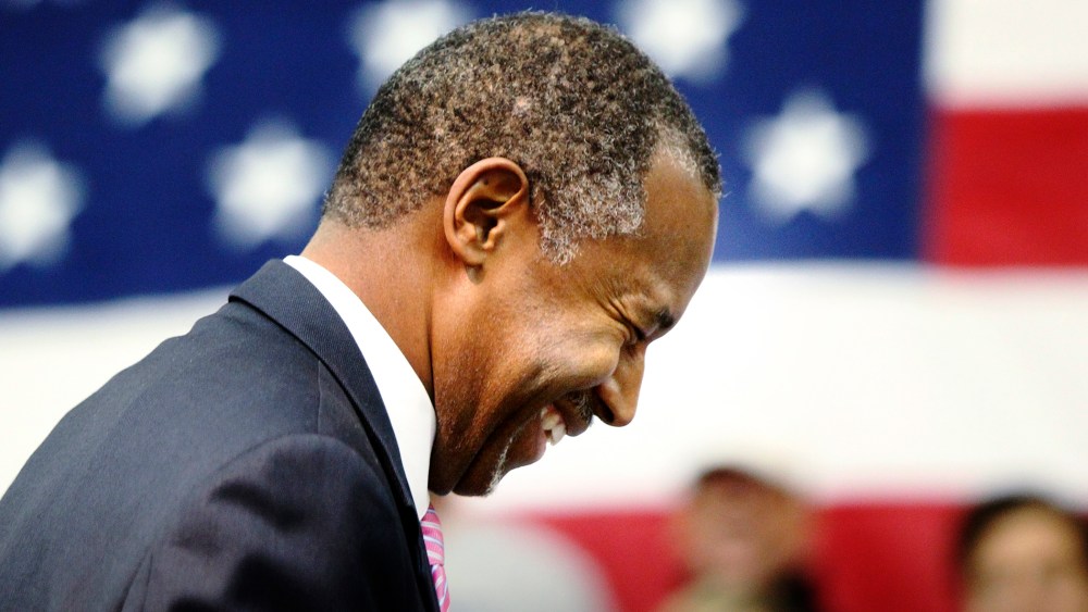 Republican presidential candidate Ben Carson smiles during a rally, Oct. 30, 2015, at West Memphis High School in West Memphis, Ark. (Photo by Nikki Boertman/The Commercial Appeal/AP)