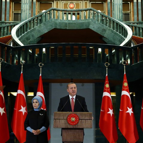 Turkish President Recep Tayyip Erdogan speaks during a meeting at the presidential palace in Ankara, Turkey, Nov. 24, 2015. (Photo by Kayhan Ozer/Pool/AP)
