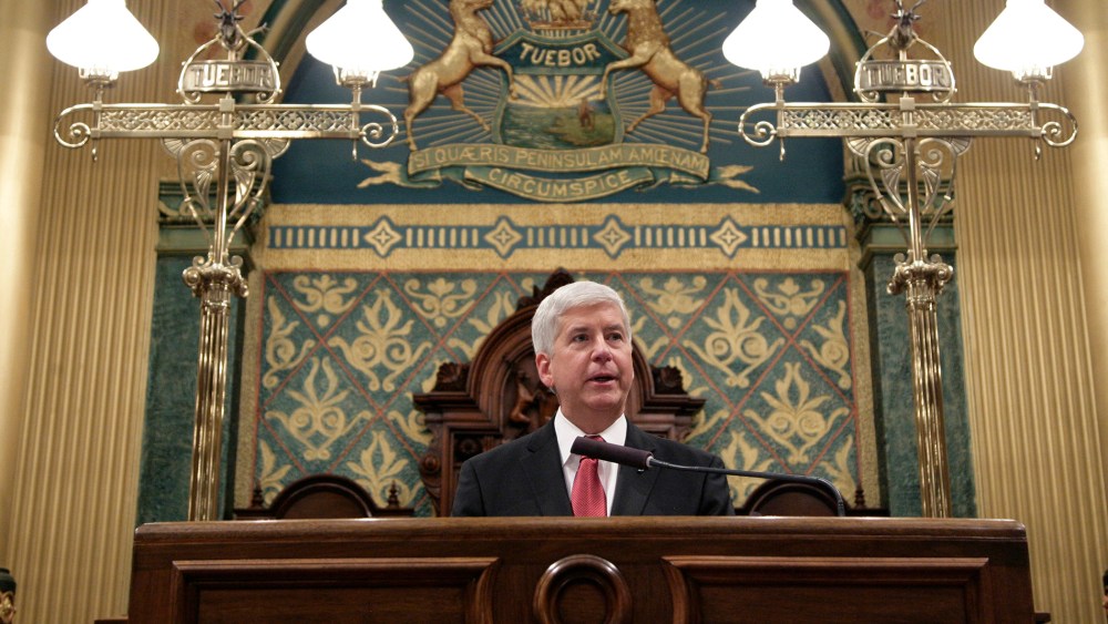 Michigan Gov. Rick Snyder delivers his State of the State address to a joint session of the House and Senate, Jan. 19, 2016, at the state Capitol in Lansing, Mich. (Photo by Al Goldis/AP)