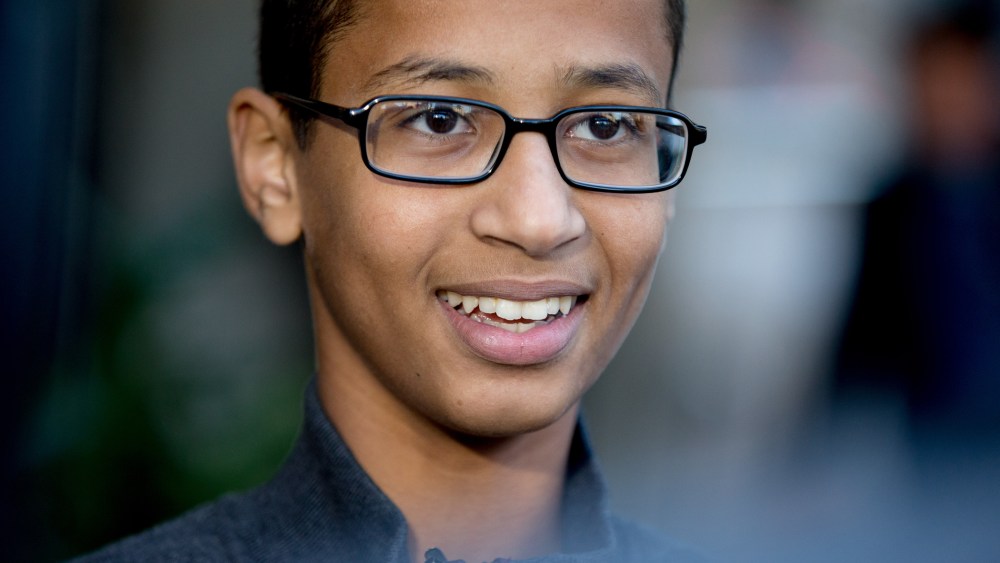 In this Oct. 19, 2015, file photo, Ahmed Mohamed, the 14-year-old who was arrested at MacArthur High School in Irving, Texas, after a homemade clock he brought to school was mistaken for a bomb, speaks during an interview in Washington. (Andrew Harnik/AP)