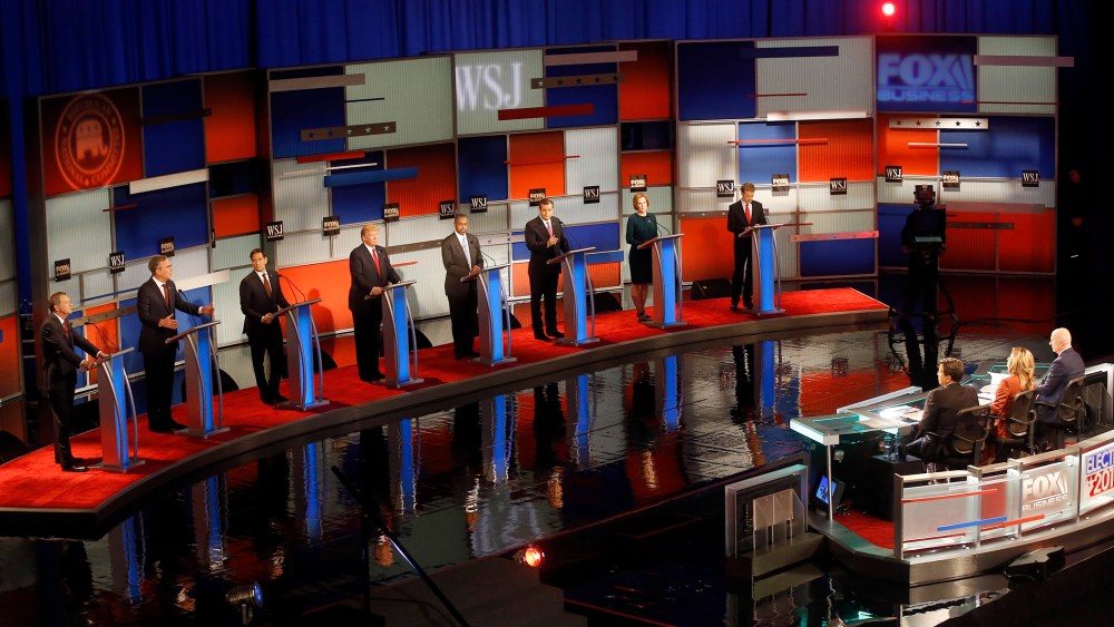 Republican presidential candidates appear during Republican presidential debate at Milwaukee Theatre, Nov. 10, 2015, in Milwaukee. (Photo by Morry Gash/AP)