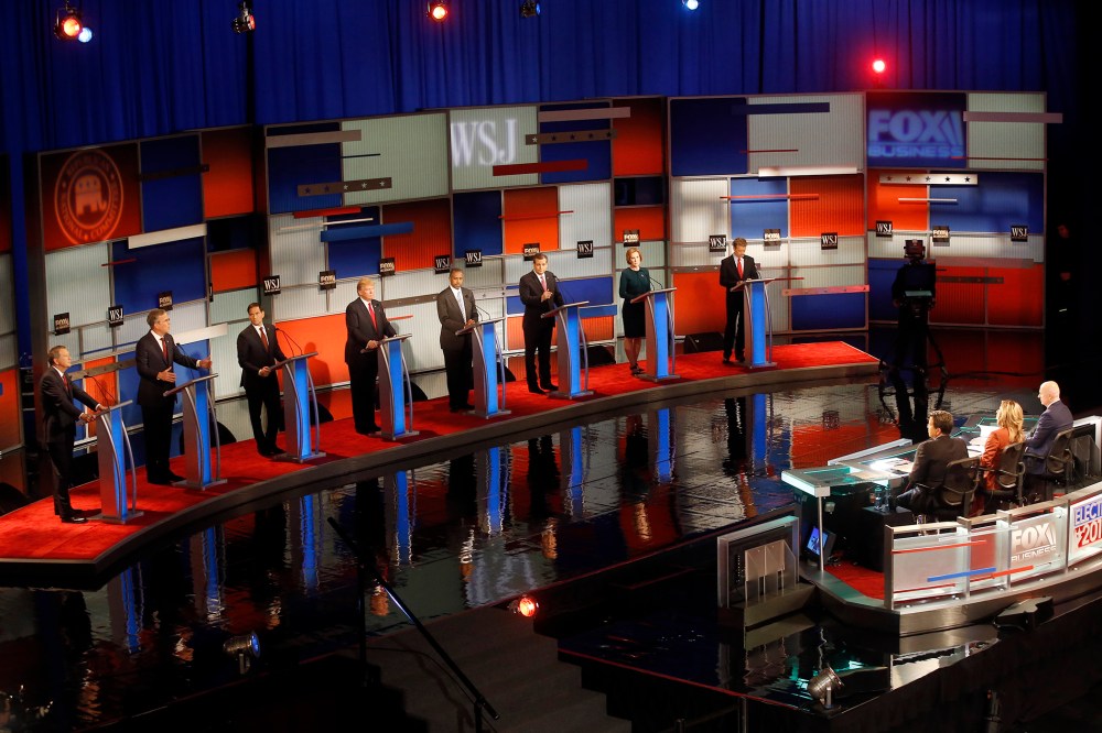 Republican presidential candidates appear during Republican presidential debate at Milwaukee Theatre, Nov. 10, 2015, in Milwaukee. (Photo by Morry Gash/AP)