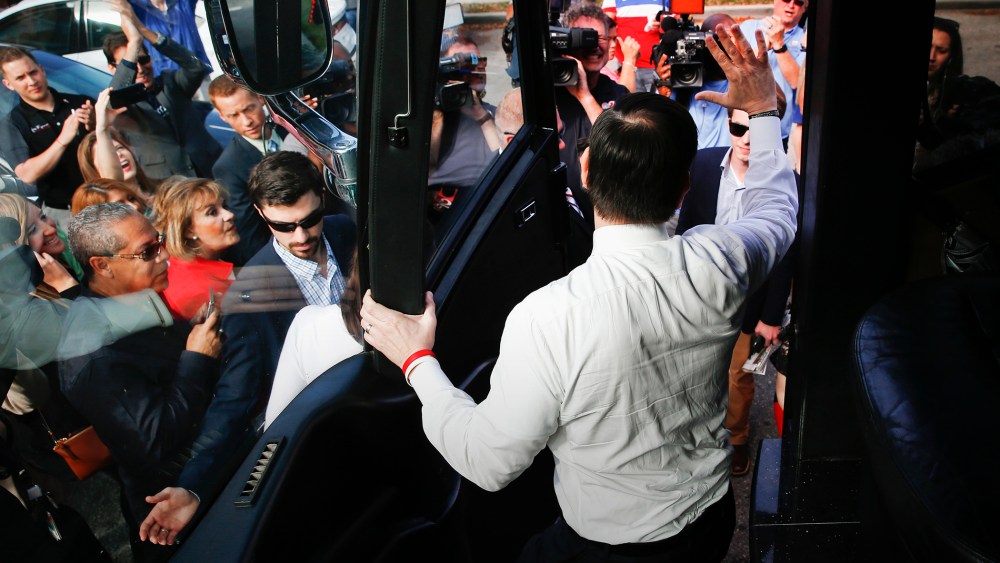 Republican presidential candidate, Sen. Marco Rubio, R-Fla. waves after visiting the Melao Bakery in Kissimmee, Fla., March 8, 2016. (Photo by Paul Sancya/AP)